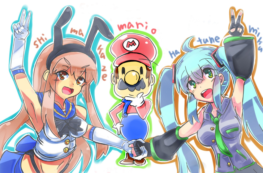 1boy 2girls :d ahoge aqua_hair armpits ascot black_panties blonde_hair breasts brown_hair crop_top crop_top_overhang crossover detached_sleeves elbow_gloves facial_hair fingerless_gloves gloves green_eyes hair_ornament hairband hand_on_hip hand_on_own_chin hat hatsune_miku holding_hands kantai_collection long_hair looking_at_viewer mario microskirt midriff multiple_girls mustache navel neckerchief necktie open_mouth outstretched_arms overalls panties payot ribbon sailor_collar shimakaze_(kantai_collection) skirt smile solid_oval_eyes super_mario_bros. twintails underwear v vocaloid white_gloves yellow_eyes