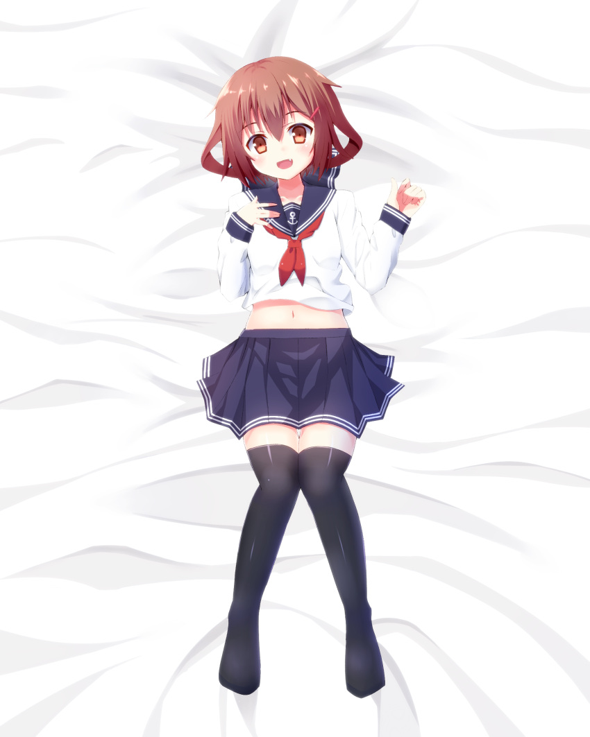 1girl :d absurdres black_legwear blouse blue_skirt brown_eyes brown_hair fang hair_ornament hairclip hand_on_own_chest highres ikazuchi_(kantai_collection) kantai_collection knees_together_feet_apart long_sleeves looking_at_viewer lying midriff neckerchief negishio no_shoes on_back open_mouth pleated_skirt sailor_collar school_uniform serafuku short_hair skirt smile solo thigh-highs