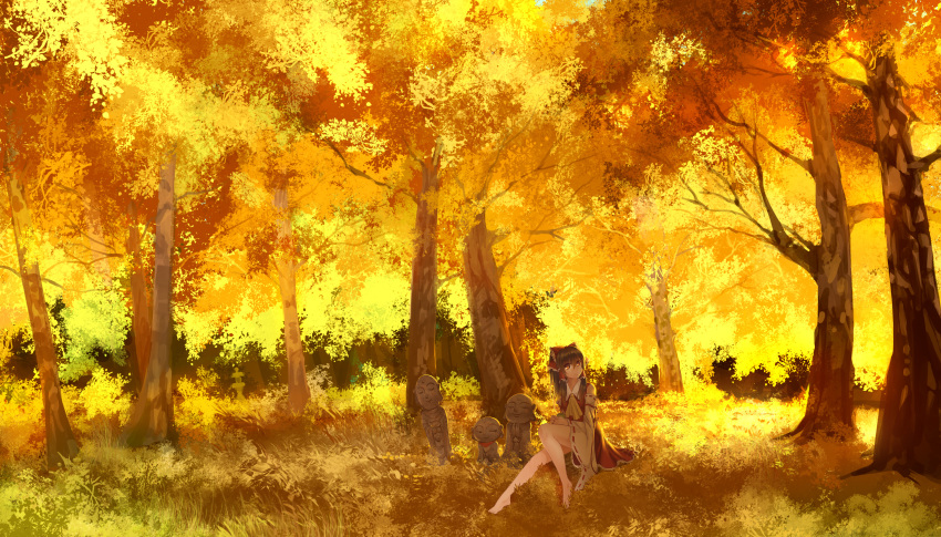 1girl absurdres ascot bare_shoulders barefoot bow brown_eyes brown_hair detached_sleeves dress forest grass hair_bow hair_tubes hakurei_reimu highres long_sleeves madcocoon nature red_dress scenery sitting solo statue touhou wide_sleeves