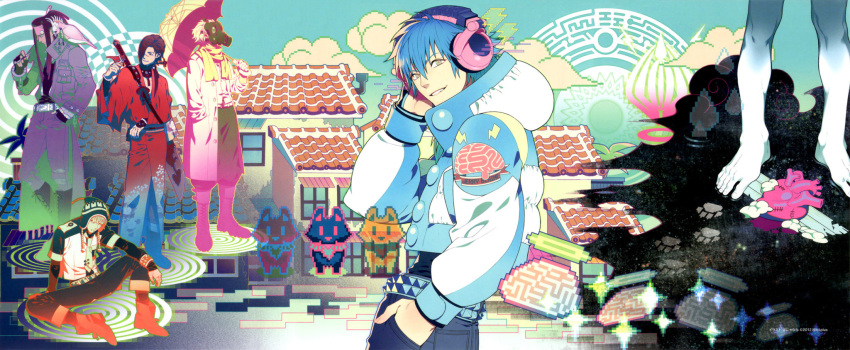 5boys barefoot beni_(dramatical_murder) bird black_hair building clear_(dramatical_murder) dog dramatical_murder gas_mask hand_in_pocket hand_on_headphones hat headphones highres honya_lala jacket japanese_clothes kimono koujaku long_coat mink_(dramatical_murder) multiple_boys noiz_(dramatical_murder) official_art pixelated ren_(dramatical_murder) scarf seragaki_aoba sheath sheathed smile sword tori_(dramatical_murder) umbrella weapon