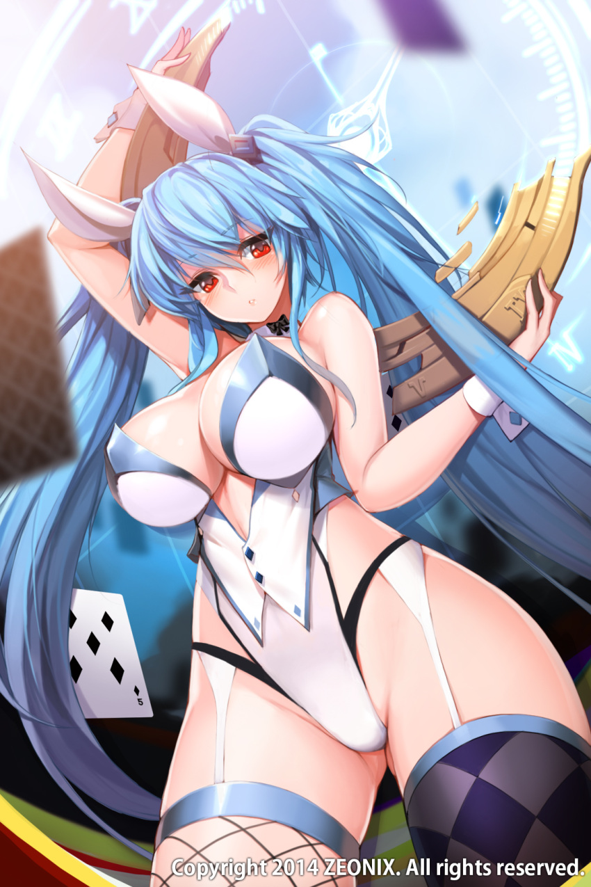 1girl argyle argyle_legwear arm_up bare_shoulders blue_hair blush breasts card detached_collar fishnet_legwear fishnets garter_straps hair_ribbon highres large_breasts long_hair looking_at_viewer luthica_preventer mismatched_legwear official_art playing_card red_eyes ribbon snowball22 solo sword_girls twintails very_long_hair wrist_cuffs