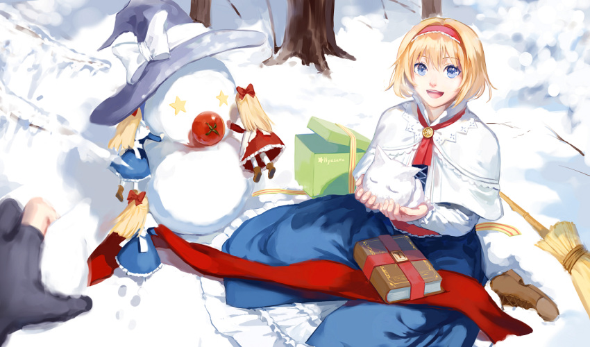 1girl alice_margatroid blonde_hair blue_eyes book boots bow box brooch broom capelet dress fancybetty frills hairband hat hourai_doll jewelry lock looking_at_viewer ribbon shanghai_doll short_hair sitting smile snow star tomato touhou tree witch_hat