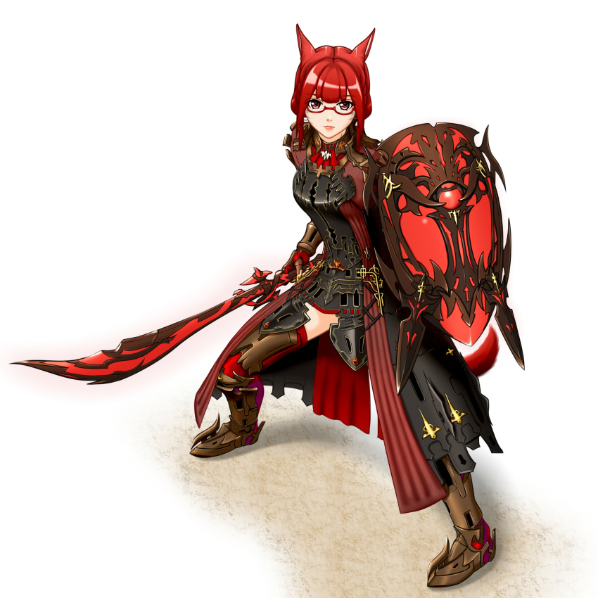 1girl animal_ears armor boots breastplate breasts cat_ears cat_tail facial_mark fighting_stance final_fantasy final_fantasy_xiv gauntlets glasses greaves highres lips miqo'te red_eyes redhead shield solo sword tail thigh-highs thigh_boots weapon