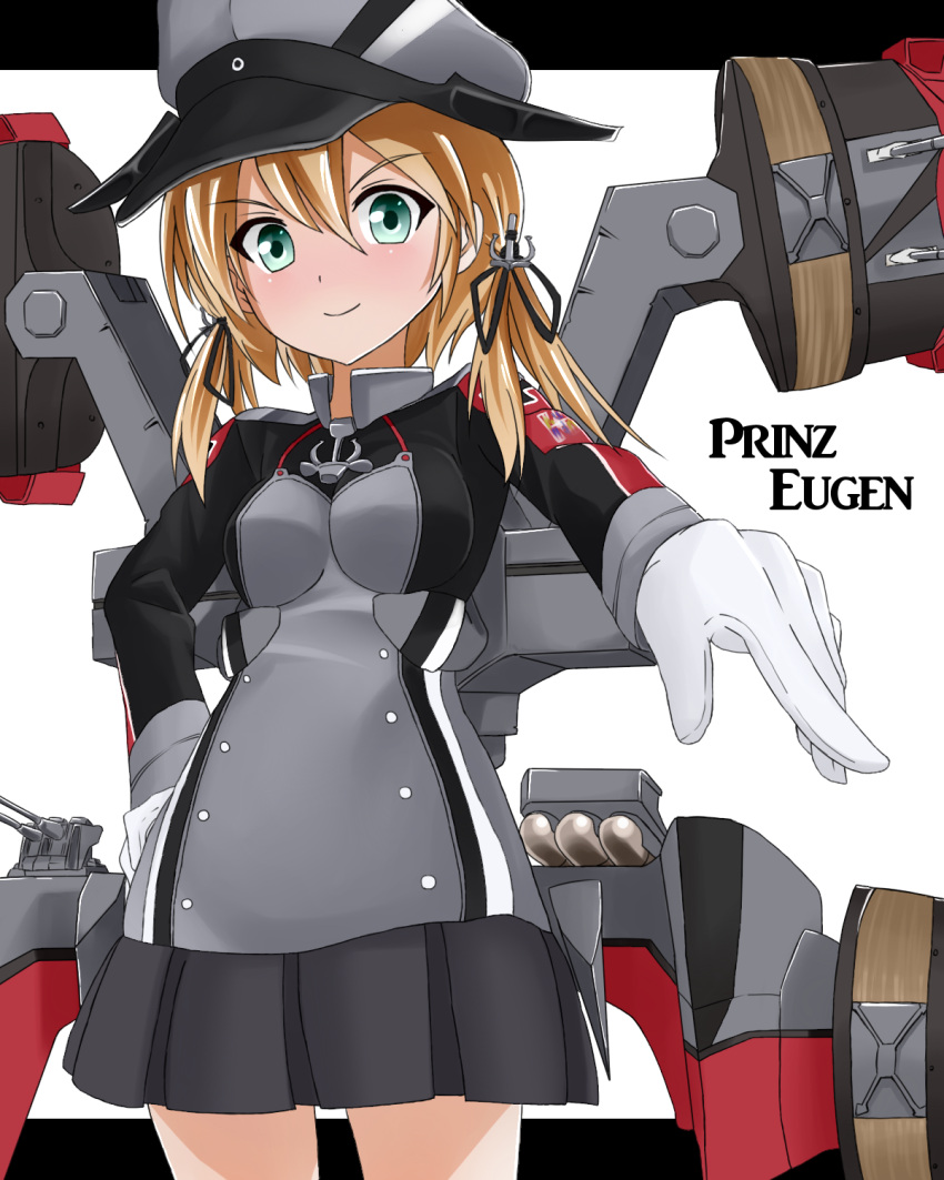 &gt;:) 1girl anchor_hair_ornament aqua_eyes black_ribbon black_skirt blonde_hair blush character_name gloves hair_ornament hair_ribbon hat highres iron_cross kantai_collection long_hair long_sleeves machinery military military_uniform miniskirt outstretched_arm peaked_cap pleated_skirt prinz_eugen_(kantai_collection) ribbon sebunsu skirt solo turret twintails uniform white_gloves