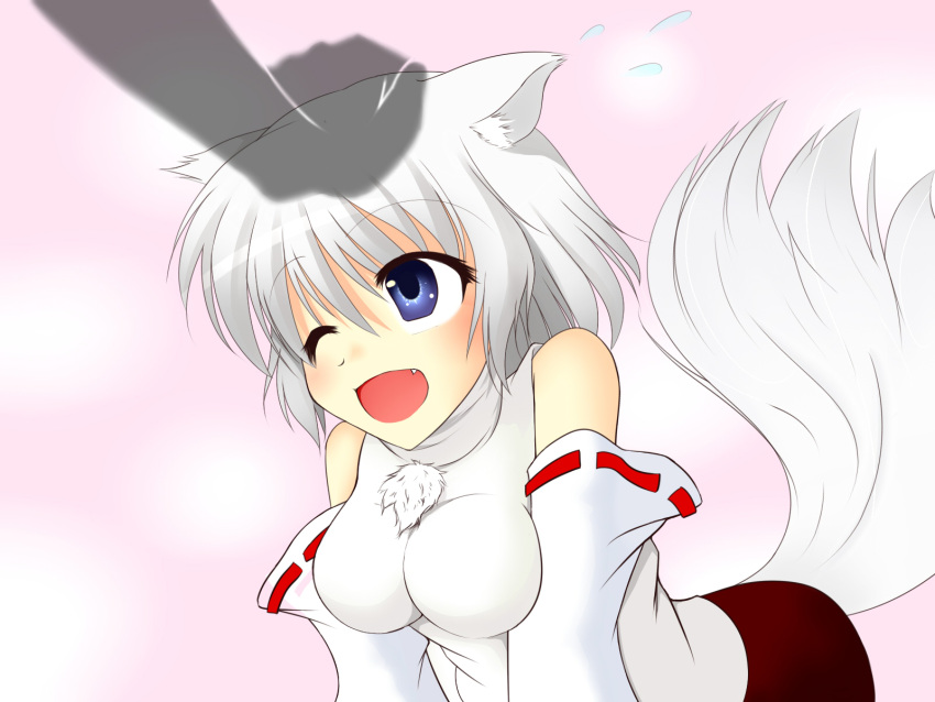 1girl animal_ears bare_shoulders blue_eyes breasts detached_sleeves fang happy highres inubashiri_momiji kamiya_ryou_(chitara) one_eye_closed open_mouth petting pink_background pom_pom_(clothes) ribbon_trim short_hair silver_hair simple_background sleeveless smile solo tail touhou wolf_ears wolf_tail