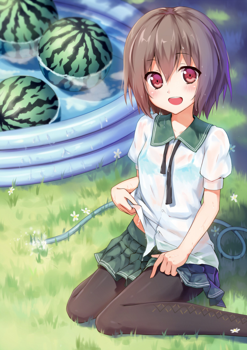 1girl black_legwear blush bra brown_hair flower food fruit grass highres kantai_collection looking_at_viewer mutsuki_(kantai_collection) open_mouth pantyhose pleated_skirt pool red_eyes ribbon school_uniform see-through short_hair sitting skirt small_breasts smile solo underwear untied wading_pool wariza water_hose watermelon wet wet_clothes yuri_shoutu