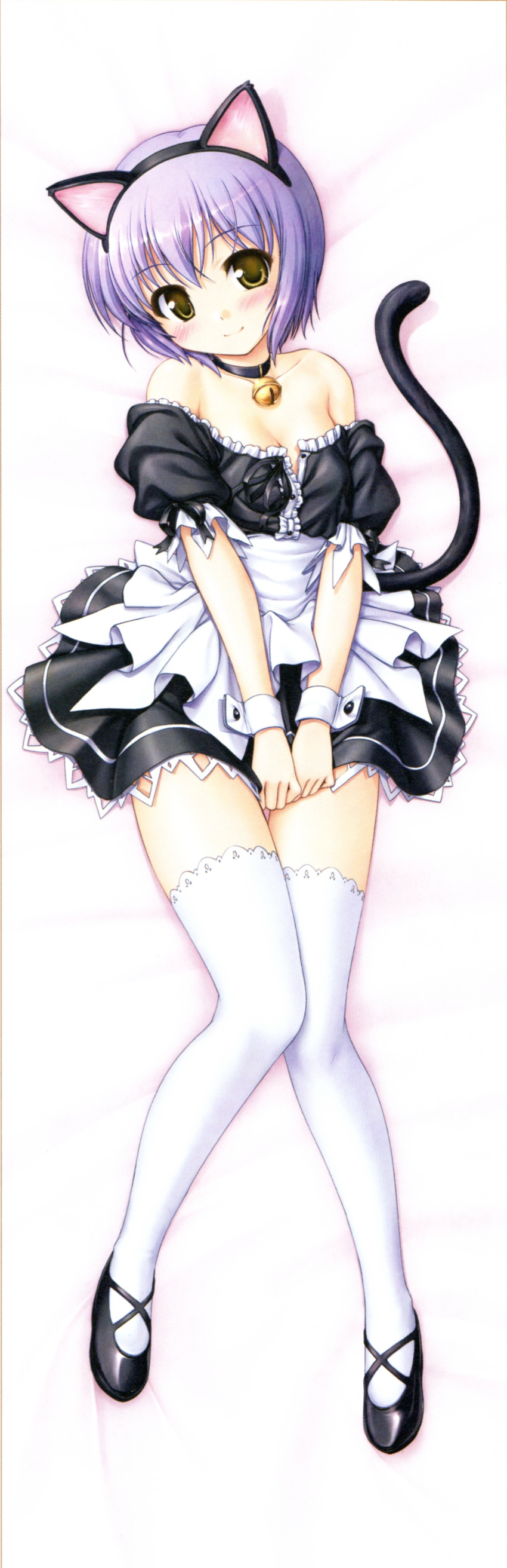 1girl absurdres animal_ears bare_shoulders bekkankou bell bell_collar blush breasts brown_hair cat_ears cat_tail cleavage collar collarbone covering covering_crotch daitoshokan_no_hitsujikai fake_animal_ears hairband highres jingle_bell lavender_hair lying maid misono_senri off_shoulder official_art on_back scan shoes short_hair smile solo tail thigh-highs white_legwear wrist_cuffs