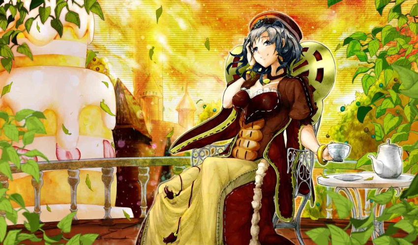1girl artist_request balcony bracelet cake castle cup dress duel_monster erolj evening food grey_eyes headdress jewelry leaf looking_at_viewer madolche_queen_tiaramisu necklace short_hair silver_hair sitting smile teacup teapot wind yuu-gi-ou