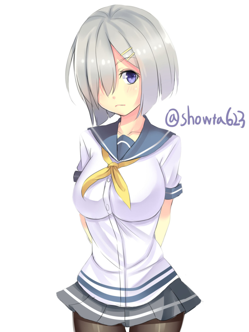 1girl arms_behind_back beeyan black_legwear breasts bust hair_ornament hair_over_one_eye hairclip hamakaze_(kantai_collection) highres kantai_collection large_breasts looking_at_viewer neckerchief pantyhose pleated_skirt sailor_collar school_uniform serafuku short_hair short_sleeves silver_hair simple_background skirt solo twitter_username violet_eyes white_background