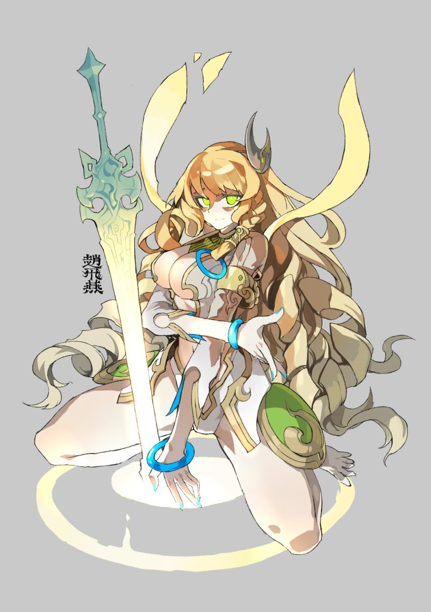 absurdres barefoot blodne_hair center_opening green_eyes highres kneeling lamian_(pixiv415608) navel original sword weapon