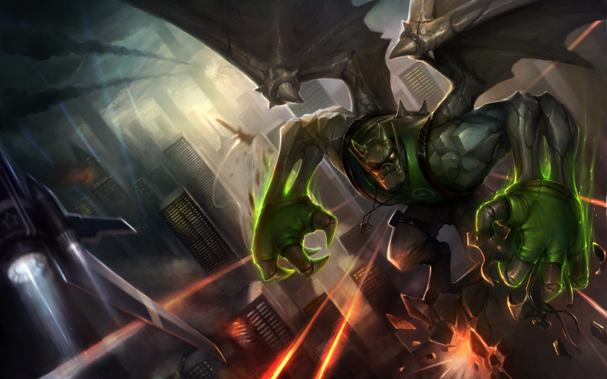 1boy absurdres galio green_skin highres horns league_of_legends monster solo wings