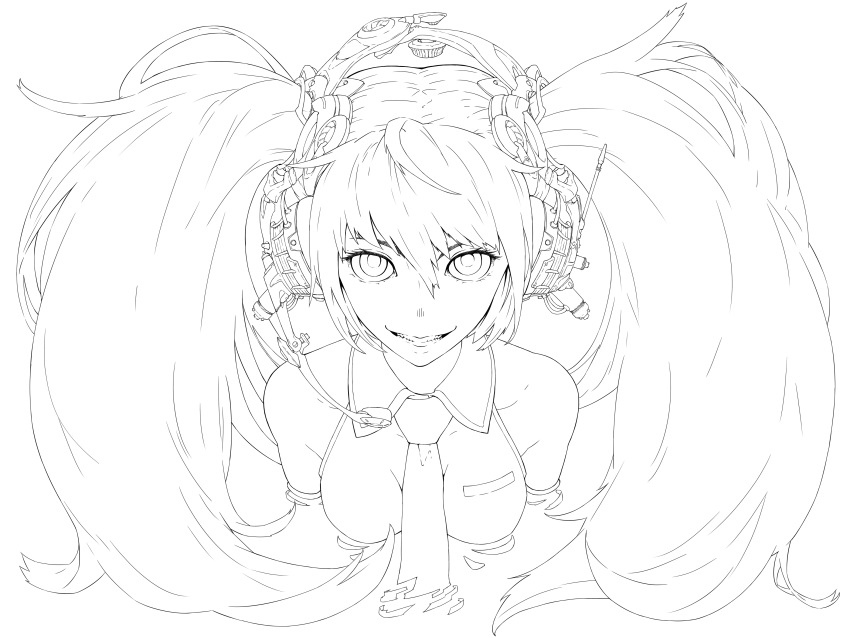 1girl absurdres breasts hatsune_miku headphones highres jaco lineart long_hair looking_at_viewer monochrome smile solo twintails vocaloid