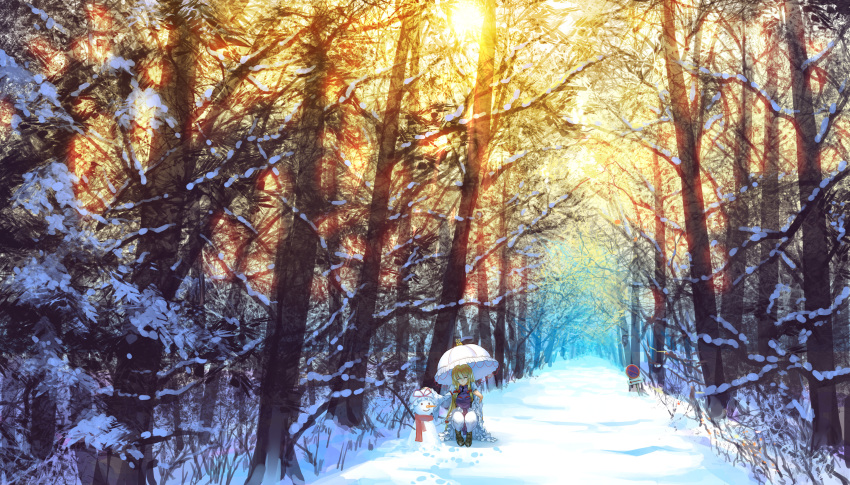 1girl absurdres blonde_hair closed_eyes dress forest hair_ribbon hat hat_removed hat_ribbon headwear_removed highres madcocoon mob_cap nature parasol path ribbon road road_sign scarf scenery sign smile snow solo squatting tabard touhou tress_ribbon umbrella white_dress yakumo_yukari