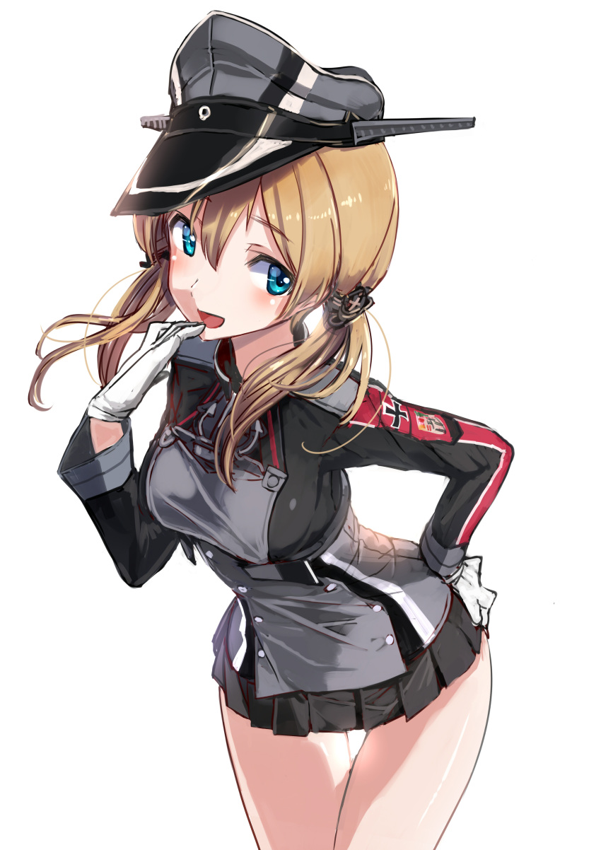 1girl absurdres akasaai aqua_eyes black_skirt blonde_hair blush gloves hair_ornament hand_on_hip hat highres iron_cross kantai_collection long_sleeves looking_at_viewer low_twintails military_hat open_mouth peaked_cap pleated_skirt prinz_eugen_(kantai_collection) short_hair simple_background skirt smile solo twintails white_background white_gloves