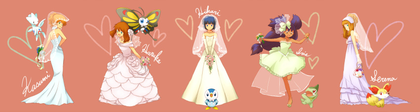 5girls alternate_costume axew bare_shoulders beautifly bouquet bridal_veil character_name dress elbow_gloves fennekin flower gloves haruka_(pokemon) heart highres hikari_(pokemon) iris_(pokemon) kasumi_(pokemon) looking_at_viewer multiple_girls piplup pokemon pokemon_(anime) pokemon_(creature) raku_(rairaku345) serena_(pokemon) smile togetic veil wedding_dress white_gloves