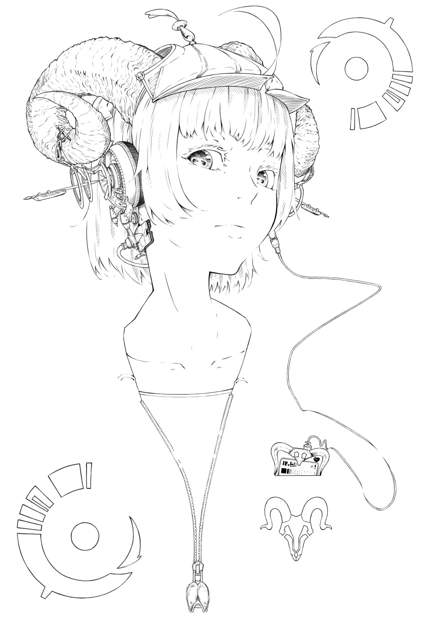 1girl absurdres headphones highres horns jaco lineart looking_at_viewer monochrome original solo