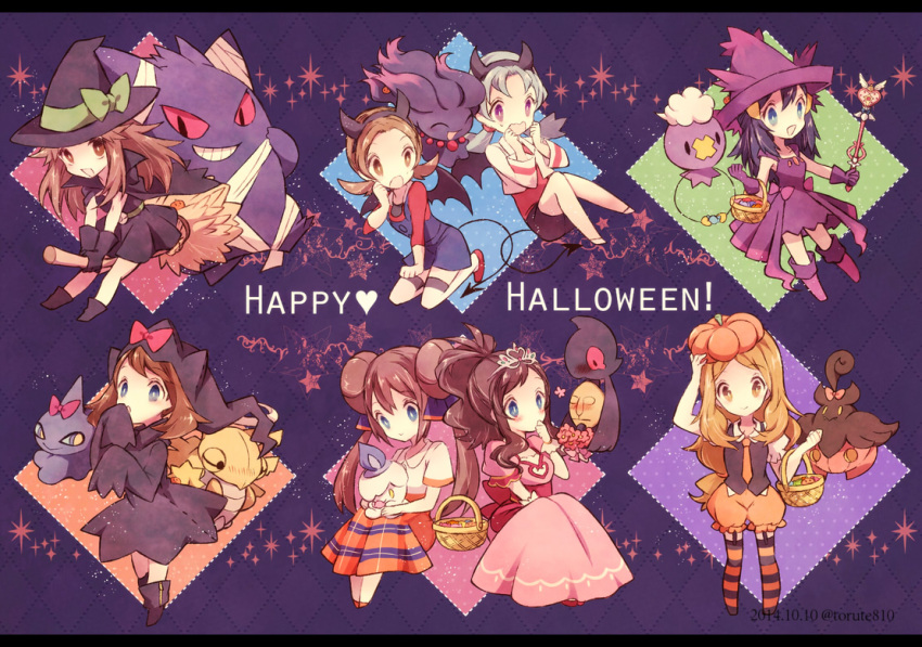 6+girls alternate_costume blue_(pokemon) crystal_(pokemon) dated dress drifloon gengar happy_halloween haruka_(pokemon) hat hikari_(pokemon) kabocha_torute kotone_(pokemon) litwick mei_(pokemon) misdreavus multiple_girls pink_dress pokemon pokemon_(creature) pokemon_(game) pokemon_bw pokemon_bw2 pokemon_dppt pokemon_frlg pokemon_gsc pokemon_hgss pokemon_rse pokemon_xy pokewood pumpkaboo pumpkin_hat serena_(pokemon) shedinja shuppet touko_(pokemon) twitter_username witch_hat yamask