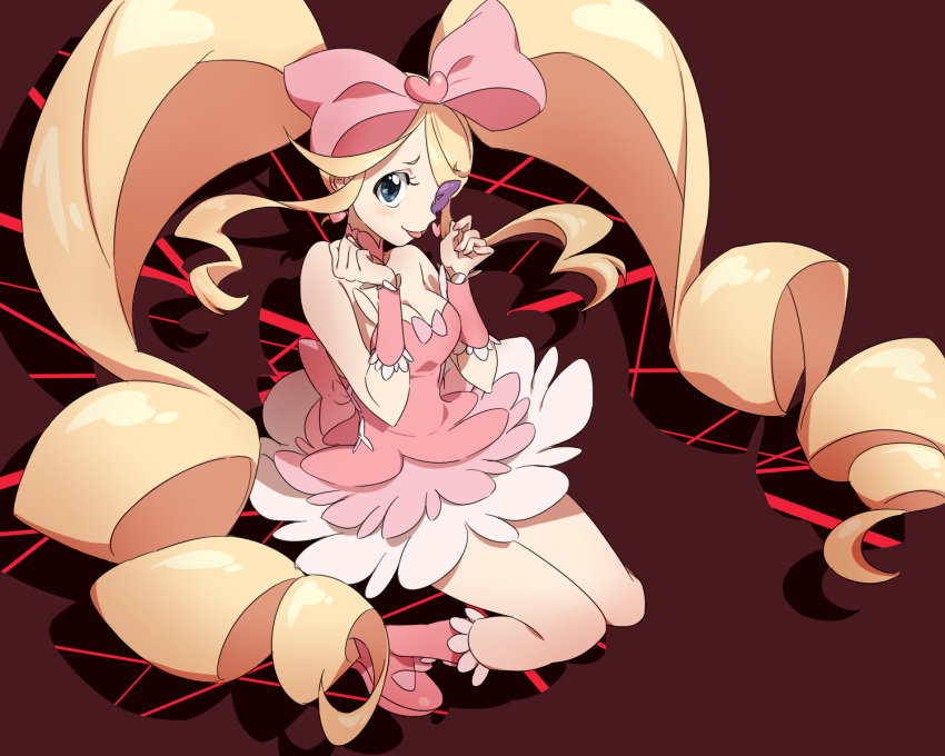 1girl blonde_hair boots bow dress drill_hair eyepatch frills hair_bow harime_nui highres inja kill_la_kill long_hair solo strapless_dress tongue tongue_out twin_drills twintails wrist_cuffs