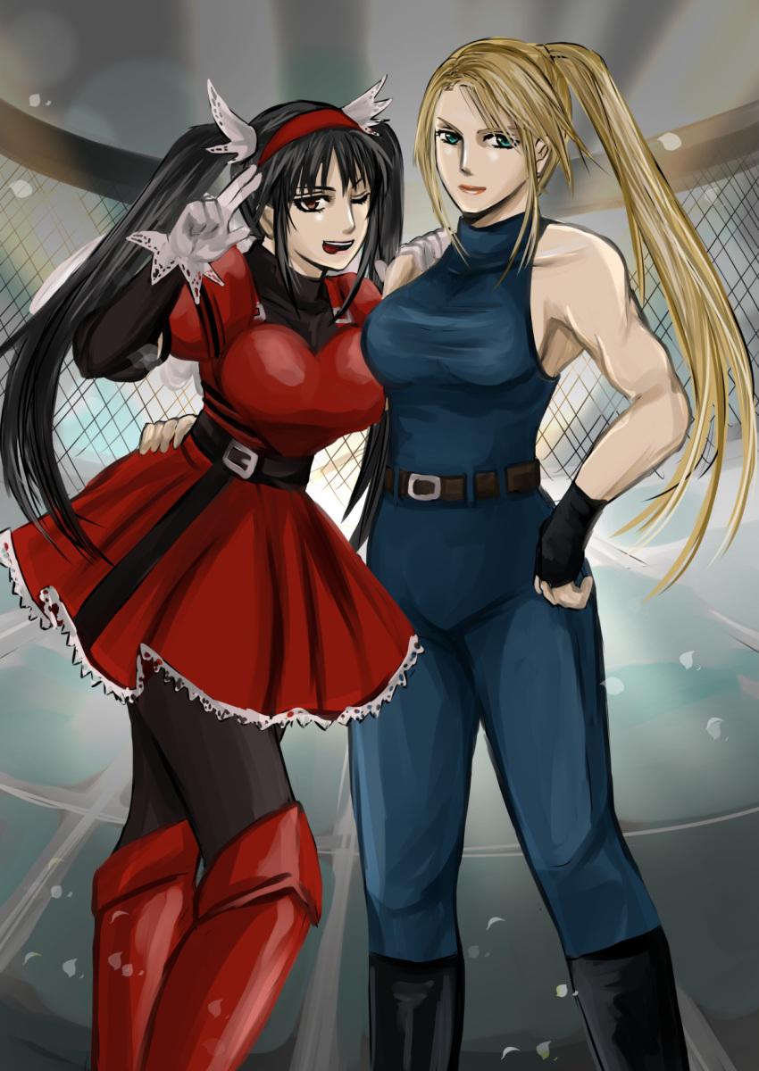2girls ;) arm_around_waist belt black_hair black_legwear blonde_hair bodysuit boots breasts brown_eyes company_connection crossover fighting_vipers fingerless_gloves gloves green_eyes hairband halterneck hand_on_another's_shoulder hand_on_hip hayame_(m_ayame) highres honey_(fighting_vipers) knee_boots large_breasts long_hair multiple_girls muscle one_eye_closed pantyhose ponytail puffy_sleeves sarah_bryant sega skirt skirt_set sleeveless smile taut_clothes twintails v_over_eye virtua_fighter white_gloves