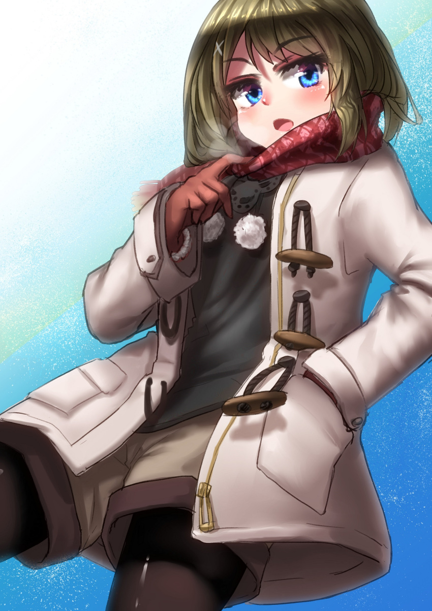 1girl absurdres alternate_costume blue_eyes breath brown_hair from_below gloves hair_ornament hairclip hand_in_pocket highres ise_dango jacket kantai_collection maya_(kantai_collection) open_mouth pantyhose scarf shorts solo