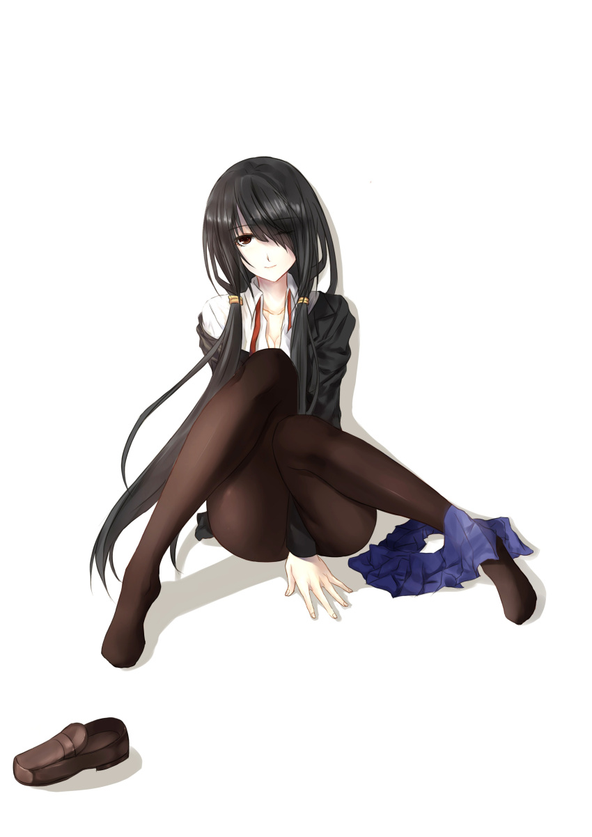 1girl absurdres black_hair blazer breasts date_a_live hair_over_one_eye hairband highres long_hair looking_at_viewer pantyhose red_eyes red_ribbon ribbon school_uniform shirt shoes shoes_removed simple_background sitting skirt skirt_pull solo thighs tokisaki_kurumi twintails very_long_hair white_background