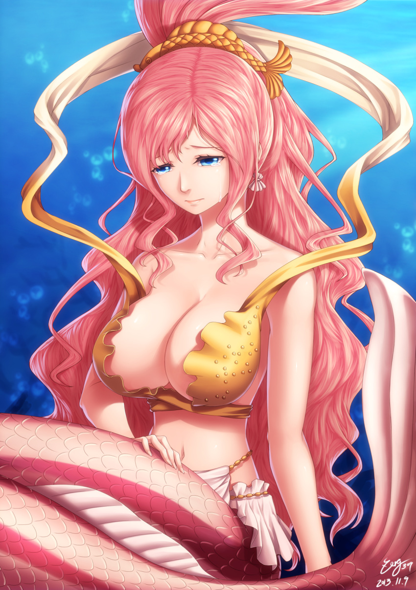 1girl 2013 blue_eyes breasts bubble cleavage collarbone crying crying_with_eyes_open dated earrings hair_ornament hairclip highres jewelry long_hair mermaid monster_girl navel one_piece pink_hair princess sad scales shirahoshi signature solo streaming_tears striped_tail tears underwater very_long_hair zerg309