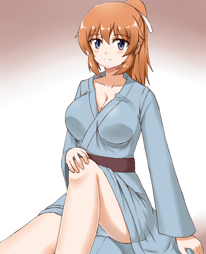 1girl absurdres blue_eyes blush breasts charlotte_e_yeager cleavage collarbone hair_ribbon hand_on_knee highres hiroshi_(hunter-of-kct) japanese_clothes kimono large_breasts long_hair long_sleeves orange_hair ponytail ribbon sitting smile solo strike_witches yukata