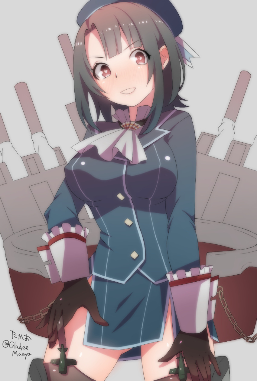 1girl beret black_gloves black_hair breasts chain character_name cravat garter_straps gloves hat highres kantai_collection looking_at_viewer military military_uniform red_eyes short_hair smile solo suiheisen takao_(kantai_collection) thigh-highs turret twitter_username uniform