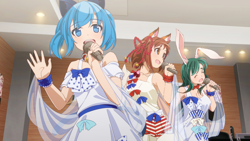 3girls absurdres animal_ears armband bare_shoulders blue_eyes blue_hair blurry bow bowtie brown_eyes brown_hair cat cat_ears choker closed_eyes depth_of_field dress eyebrows fox_ears green_hair hair_ornament highres indoors jewelry kitsune_miko long_hair looking_at_viewer microphone multiple_girls necklace neko_miko payot polka_dot rabbit_ears rope scarf sengoku_collection short_hair singing sleeveless smile stampede_xm striped thick_eyebrows usagi_miko