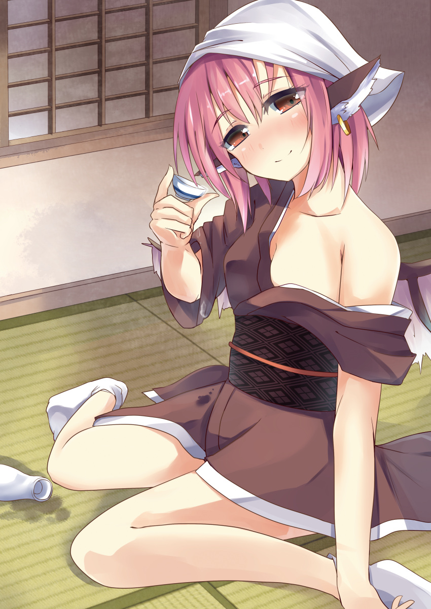 1girl absurdres animal_ears bare_shoulders bird_wings blush bottle breasts check_commentary cleavage collarbone come_hither commentary commentary_request head_tilt highres japanese_clothes jewelry kimono mystia_lorelei no_bra obi off_shoulder okamisty pink_hair red_eyes sake_bottle sash single_earring sitting smile solo soramuko spilling tatami touhou wariza wings yukata