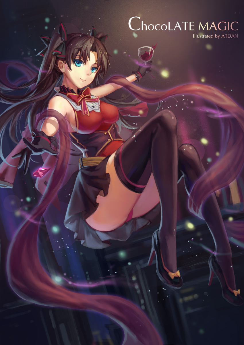 1girl absurdres artist_name ass atdan black_legwear blue_eyes brown_hair cup fate/stay_night fate_(series) floating gem glass gloves hair_ribbon highres light_particles long_hair panties red_panties ribbon skirt smile solo thigh-highs tohsaka_rin toosaka_rin two_side_up type-moon underwear wine_glass