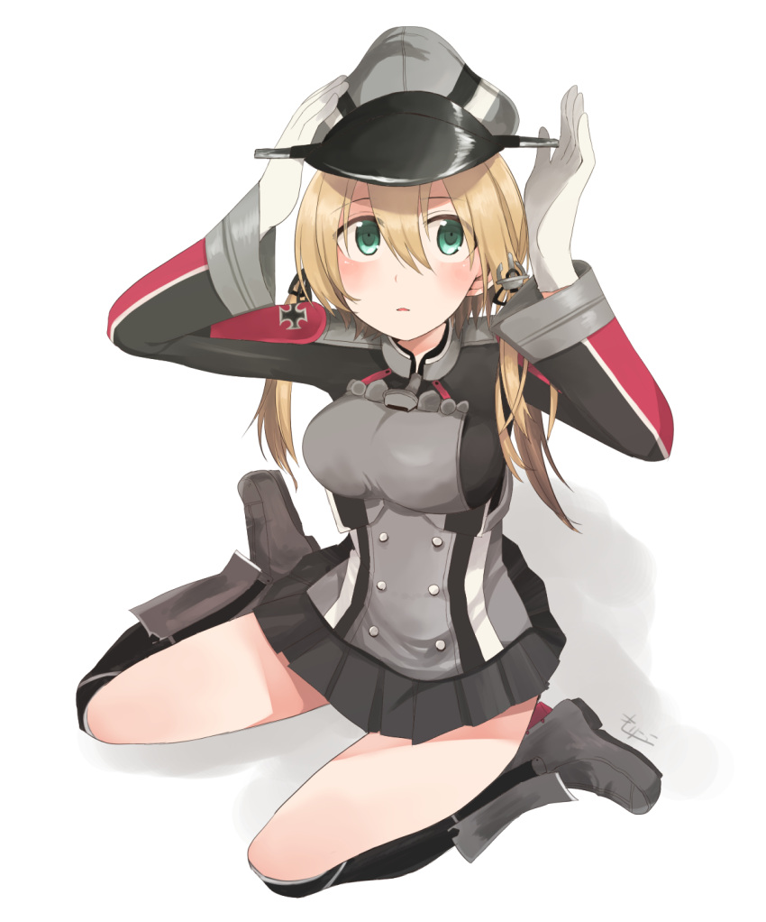 1girl anchor_hair_ornament black_legwear black_skirt blonde_hair blush boots gloves green_eyes hand_on_own_head hat highres iron_cross kantai_collection long_sleeves looking_at_viewer military military_hat military_uniform oomori_(kswmr) peaked_cap pleated_skirt prinz_eugen_(kantai_collection) simple_background sitting skirt solo twintails uniform wariza white_background white_gloves