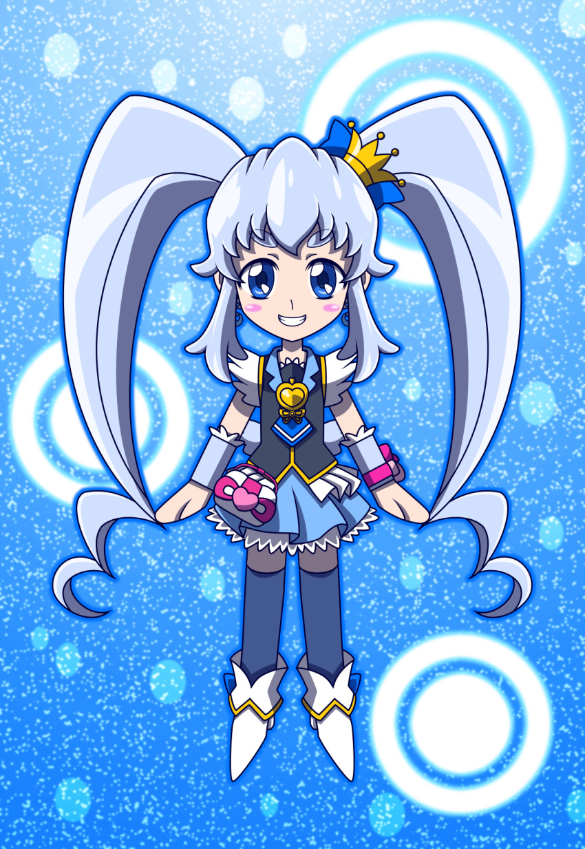 1girl blue_eyes blue_hair blush chibi crown cure_princess cute earrings happinesscharge_precure! long_hair magical_girl precure royalty shirayuki_hime skirt smile twintails wrist_cuffs