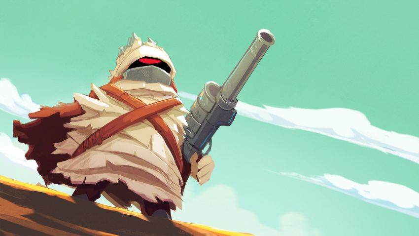 1boy big_bandit clouds dutch_angle from_below glowing glowing_eye gun highres justin_chan male nuclear_throne official_art one-eyed red_eyes sky solo standing weapon