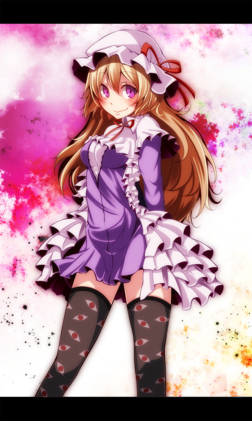 1girl arms_behind_back black_legwear blonde_hair capelet dress eyeball hat hat_ribbon highres letterboxed long_hair long_sleeves looking_at_viewer maribel_hearn mob_cap overskirt print_legwear purple_dress ribbon s-syogo smile solo thigh-highs touhou very_long_hair violet_eyes zettai_ryouiki