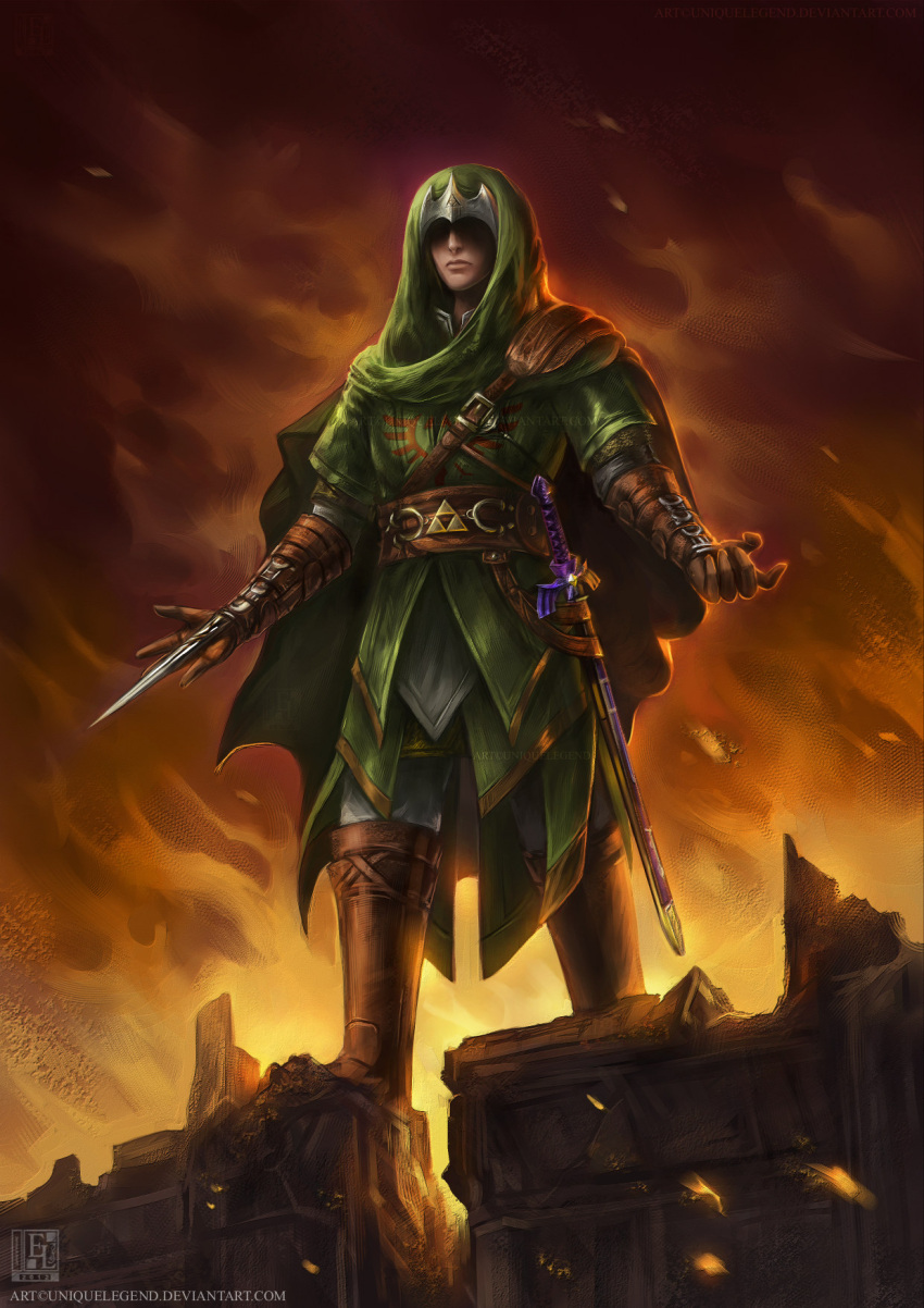 1boy assassin's_creed_ii boots cape dagger eternal_legend fire fusion gloves green_clothes highres hood male master_sword no_eyes solo standing the_legend_of_zelda watermark weapon web_address