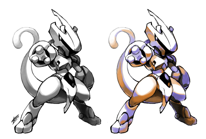 armor artist_name commentary comparison helmet mewtwo no_humans outstretched_arm pokemon pokemon_(creature) pose signature simple_background standing tail tomycase white_background