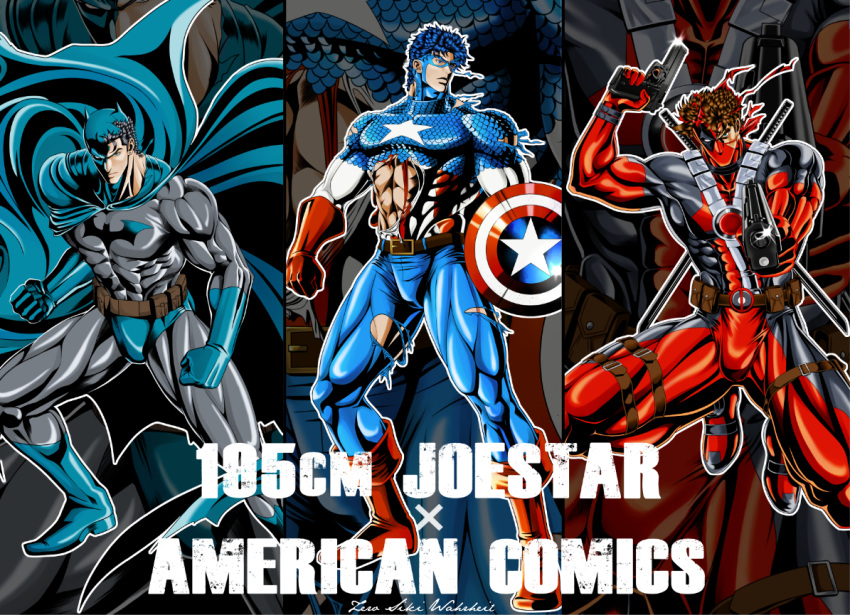 3boys batman batman_(cosplay) batman_(series) black_hair blue_hair brown_hair captain_america captain_america_(cosplay) costume dc_comics deadpool deadpool_(cosplay) gun high_contrast jojo_no_kimyou_na_bouken jonathan_joestar joseph_joestar_(young) kuujou_joutarou male marvel mask messy_hair multiple_boys parody shield spandex spiky_hair superhero torn_clothes wahrheit weapon zoom_layer