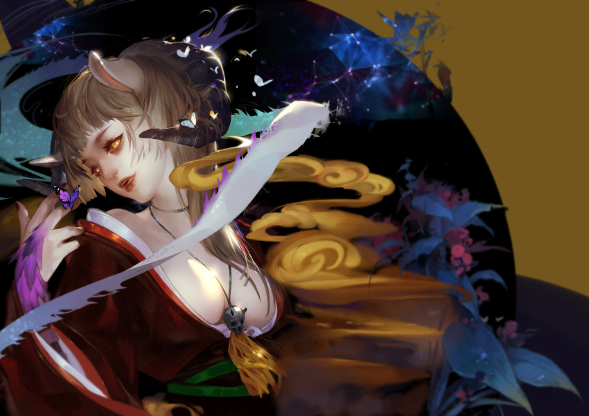 1girl abstract_background amber_eyes animal_ears between_breasts breasts brown_hair bust butterfly_on_hand cleavage constellation fangs feathers fingernails glowing glowing_eyes highres hime_cut horns japanese_clothes jewelry kimono large_breasts lips long_hair looking_at_viewer luman monster_girl nebula necklace nose obi off_shoulder open_mouth original pendant plant realistic sash side_glance skull_necklace smoke solo wide_sleeves