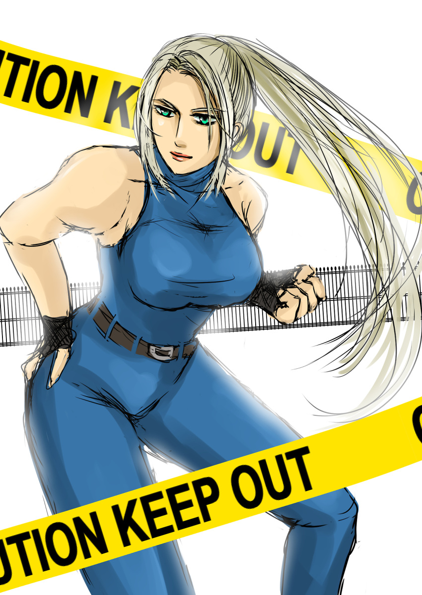 1girl bare_shoulders blonde_hair bodysuit breasts caution_tape fingerless_gloves gloves green_eyes halterneck hand_on_hip hayame_(m_ayame) highres keep_out large_breasts lips long_hair ponytail sarah_bryant solo virtua_fighter