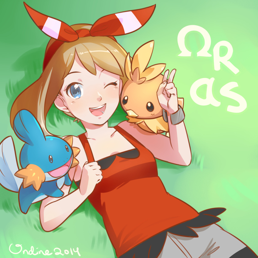 1girl artist_name blue_eyes collarbone dated grass hair_scarf haruka_(pokemon) highres light_brown_hair looking_at_viewer lying magical_ondine mega_ring mudkip omega_symbol one_eye_closed pokemon pokemon_(game) pokemon_oras torchic v