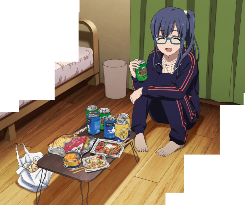 alcohol beer blue_hair closed_eyes curtains food glasses highres imai_midori ponytail screencap shirobako table track_suit wooden_floor