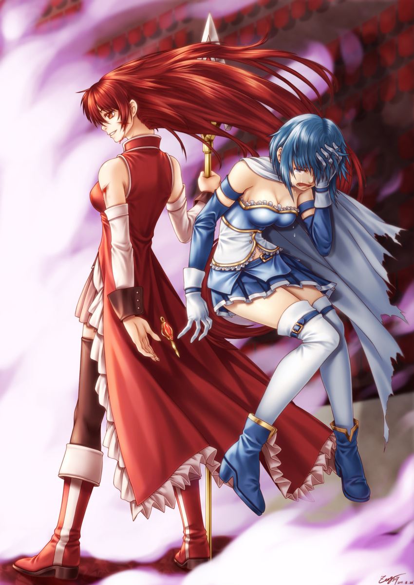 2011 2girls back-to-back bare_shoulders blood blue_eyes blue_hair boots breasts cape cleavage closed_eyes crying cuts dated detached_sleeves floating food gloves highres holding_head injury long_hair mahou_shoujo_madoka_magica miki_sayaka multiple_girls polearm ponytail profile red_eyes redhead sakura_kyouko short_hair signature soul_gem spear standing streaming_tears tears thigh-highs torn_cape very_long_hair weapon white_gloves zerg309 zettai_ryouiki