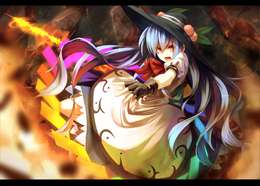 1girl black_gloves blue_hair dress fami_(yellow_skies) fingerless_gloves food fruit gloves hat hat_ornament hinanawi_tenshi letterboxed long_hair looking_at_viewer open_mouth peach puffy_short_sleeves puffy_sleeves red_eyes short_sleeves solo sword_of_hisou touhou very_long_hair white_dress