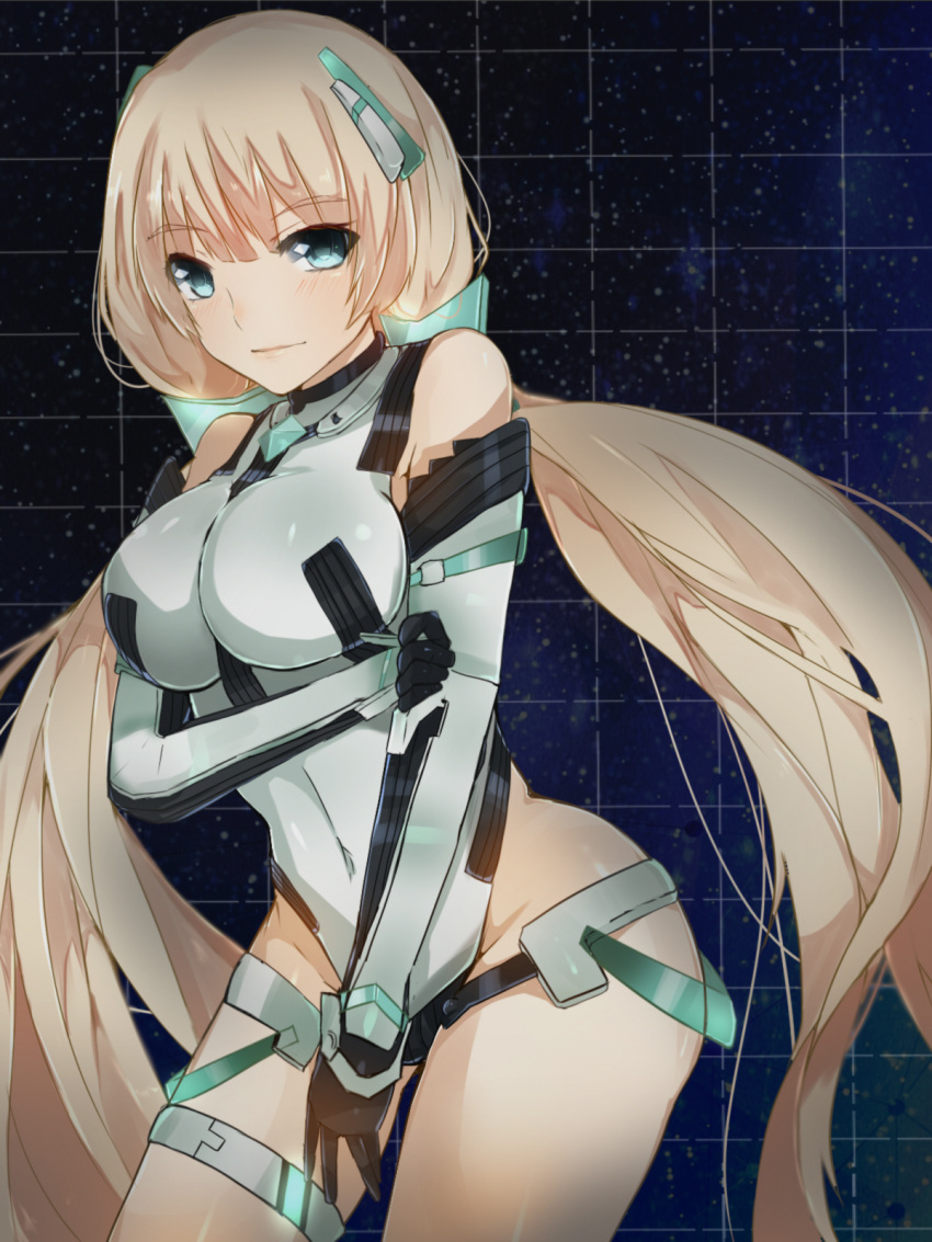 1girl angela_balzac bare_shoulders blonde_hair blue_eyes blush breasts elbow_gloves expelled_from_paradise gloves headgear highres leotard long_hair looking_at_viewer smile solo twintails