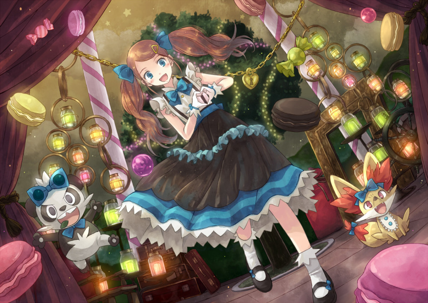 1girl alternate_costume alternate_hairstyle blue_eyes bowtie brown_hair candy clothed_pokemon curtains fennekin gloves hair_ornament hairclip heart heart_hands long_dress long_hair open_mouth pancham pokemon pokemon_(anime) serena_(pokemon) stage tree twintails white_gloves yakka