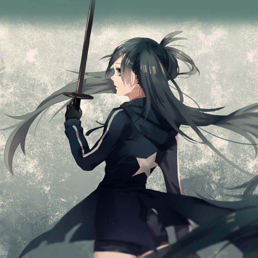 1girl black_hair black_rock_shooter black_rock_shooter_(character) blue_eyes dama_(sindygao) gloves highres holding hooded_jacket long_hair looking_at_viewer looking_back short_shorts shorts solo sword twintails very_long_hair weapon