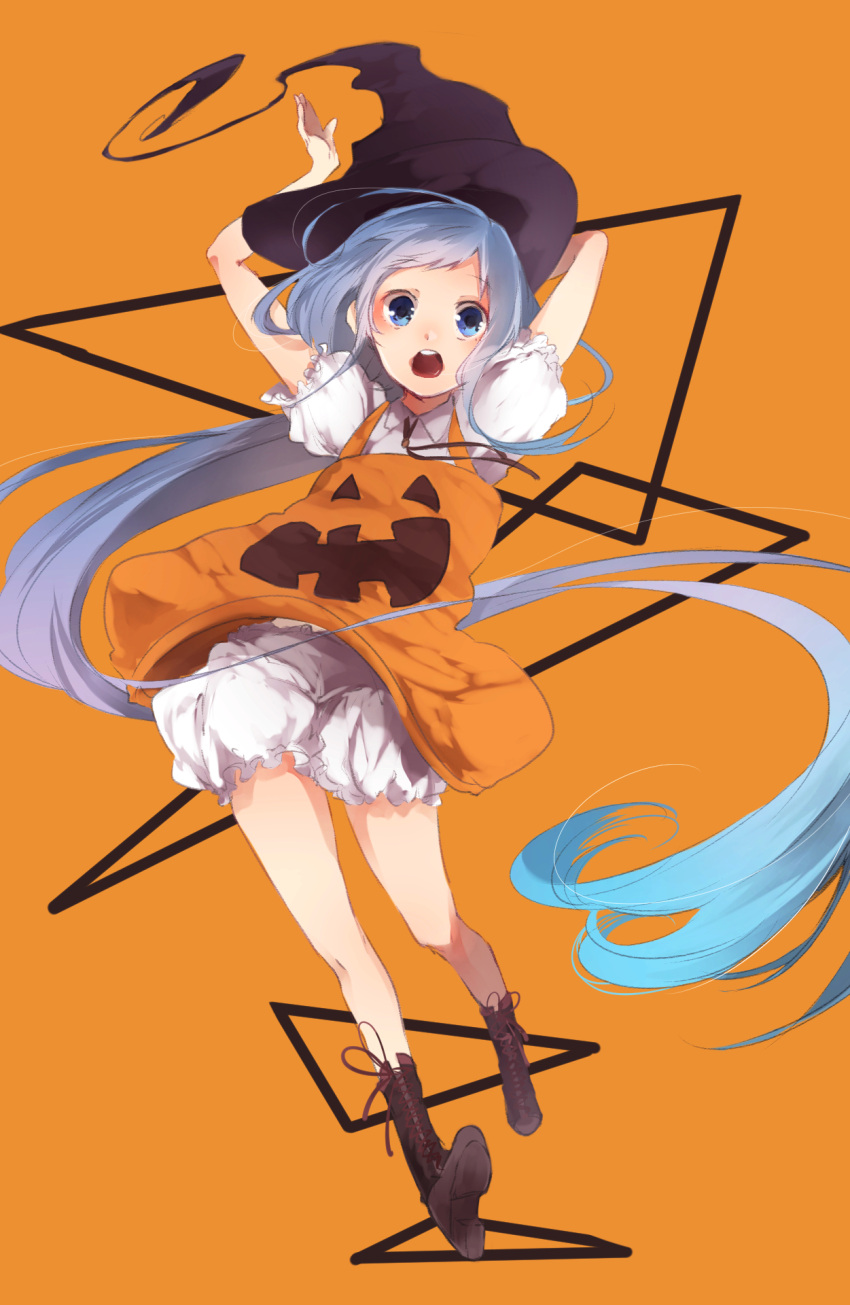 1girl alternate_costume arms_up bare_legs bloomers blue_eyes blue_hair blush boots cross-laced_footwear halloween hat highres kantai_collection lace-up_boots long_hair looking_at_viewer open_mouth orange_background ragu_(myan_nyan) samidare_(kantai_collection) simple_background solo underwear very_long_hair witch_hat