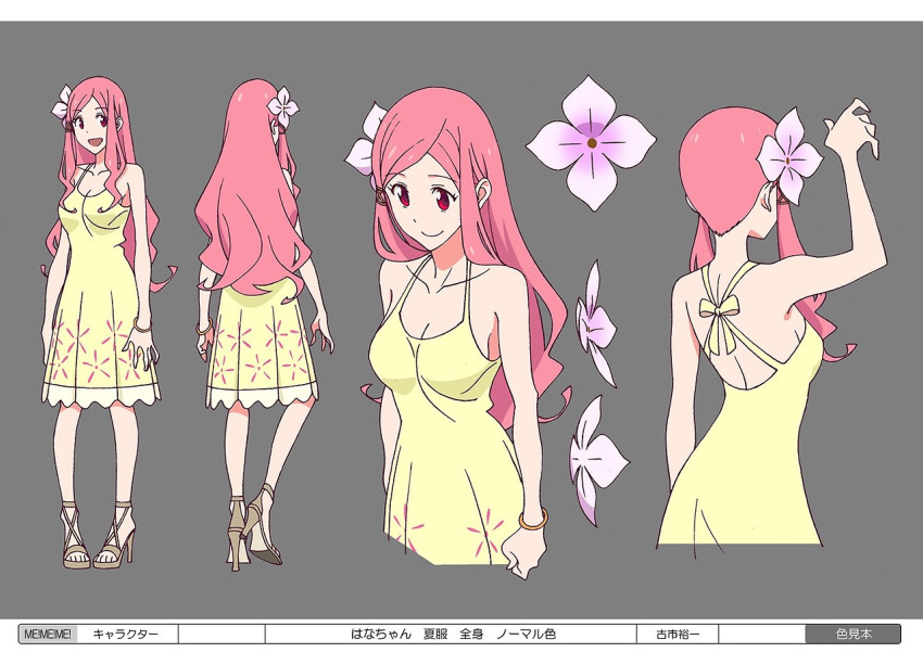 1girl bangs breasts character_sheet cleavage dress flower hair_flower hair_ornament high_heels long_hair me!me!me! official_art parted_bangs pink_hair red_eyes sandals smile solo spaghetti_strap sundress
