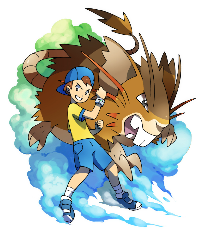 1boy backwards_hat baseball_cap bracelet brown_hair clenched_hands commentary gorou_(pokemon) grin hat highres jewelry looking_at_viewer mega_pokemon official_style open_mouth parted_lips pokemon pokemon_(creature) raticate shorts smile smoke sugimori_ken_(style) tail tomycase white_background